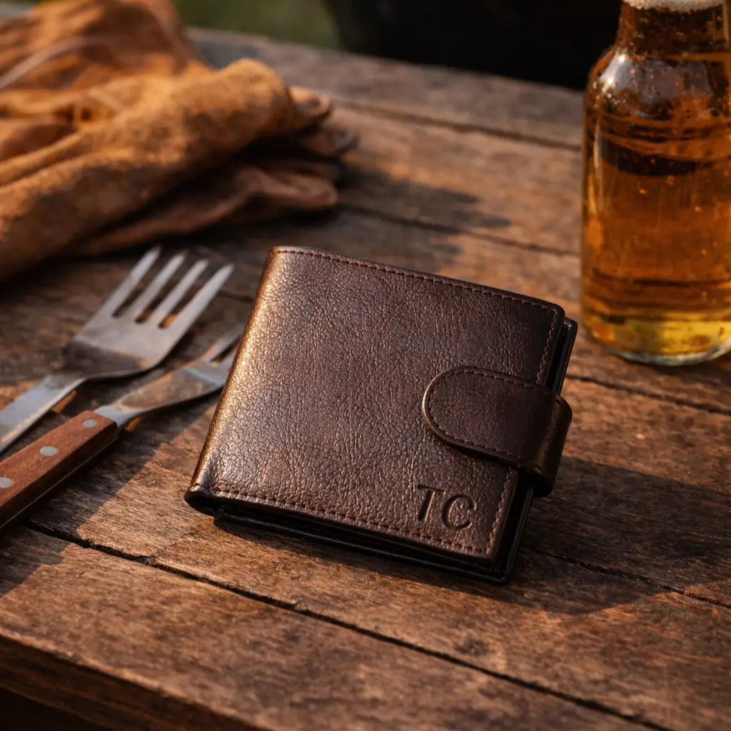 Leather Bifold Wallet in pebbled espresso full-grain leather, featuring hand-stitched edges, TC initials, and a secure snap tab.