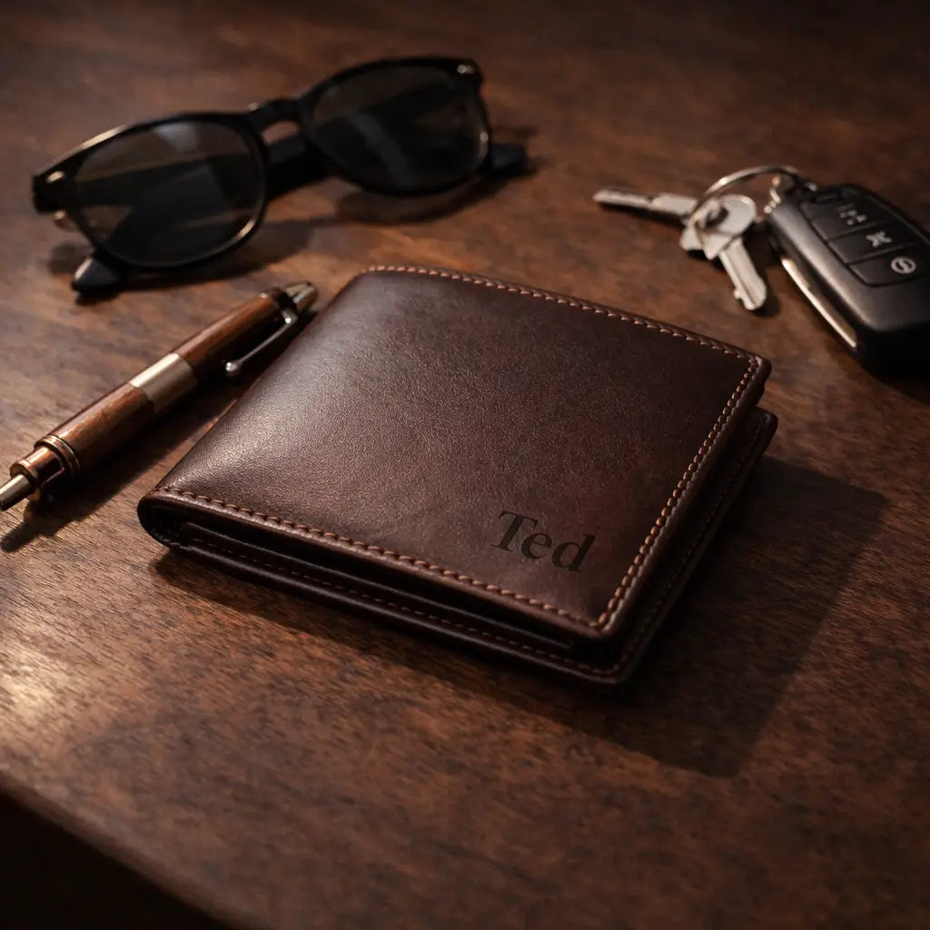 Leather Bifold Wallet in saddle full-grain leather, featuring hand-stitched slots and technical RFID-blocking security.