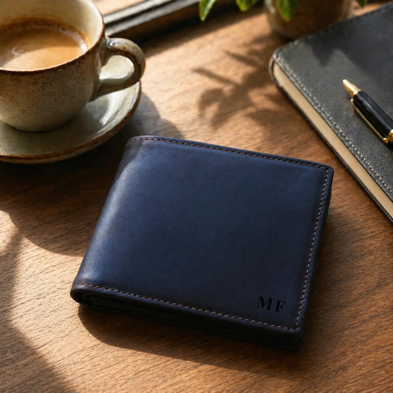 Handcrafted brown leather wallet for men, highlighting a slim bifold design and custom monogramming, presented as a premium everyday carry accessory.
