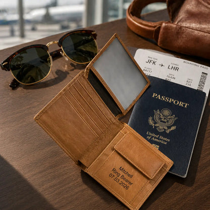 Custom engraved wedding gift for ring bearer, tan leather trifold wallet with ID window and coin pocket, shown in a travel setting with sunglasses.