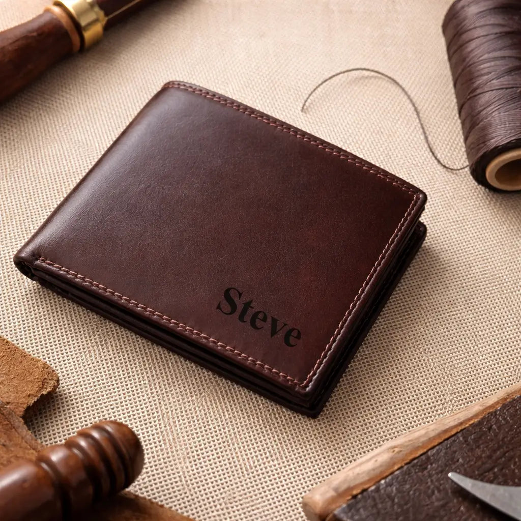 Leather Bifold Wallet in saddle full-grain leather, showcasing hand-stitched detailing and RFID-protected card slots.