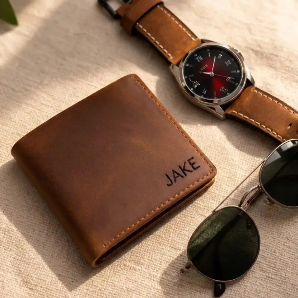 Leather Bifold Wallet Italian full-grain tan leather, precision hand-stitched seams, laser-engraved name, slim profile with refined luxury texture.