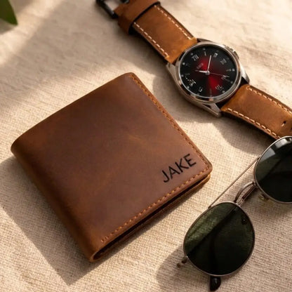 Leather Bifold Wallet Italian full-grain tan leather, precision hand-stitched seams, laser-engraved name, slim profile with refined luxury texture.
