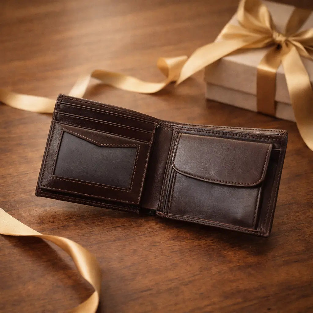 Leather Bifold Wallet in saddle full-grain leather, featuring a transparent ID window and hand-stitched card slots.