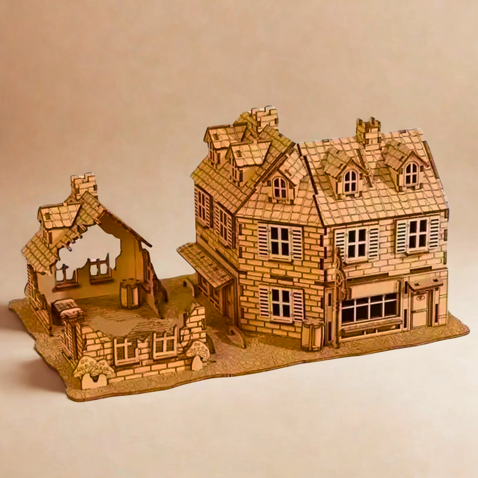 Wooden model of a war house with detailed architecture on a plain background