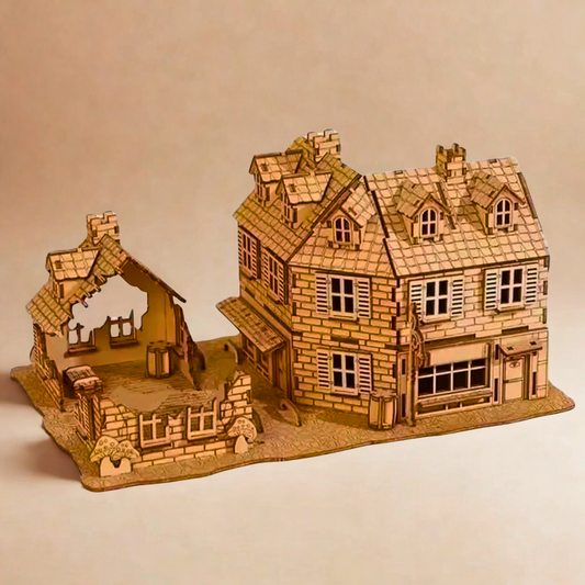 Wooden model of a war house with detailed architecture on a plain background