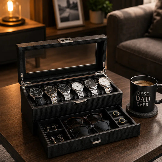 Luxury coffee table setup featuring a carbon fiber watch and accessories organizer beside a black “Best Dad Ever” coffee mug in a warm masculine living room atmosphere.