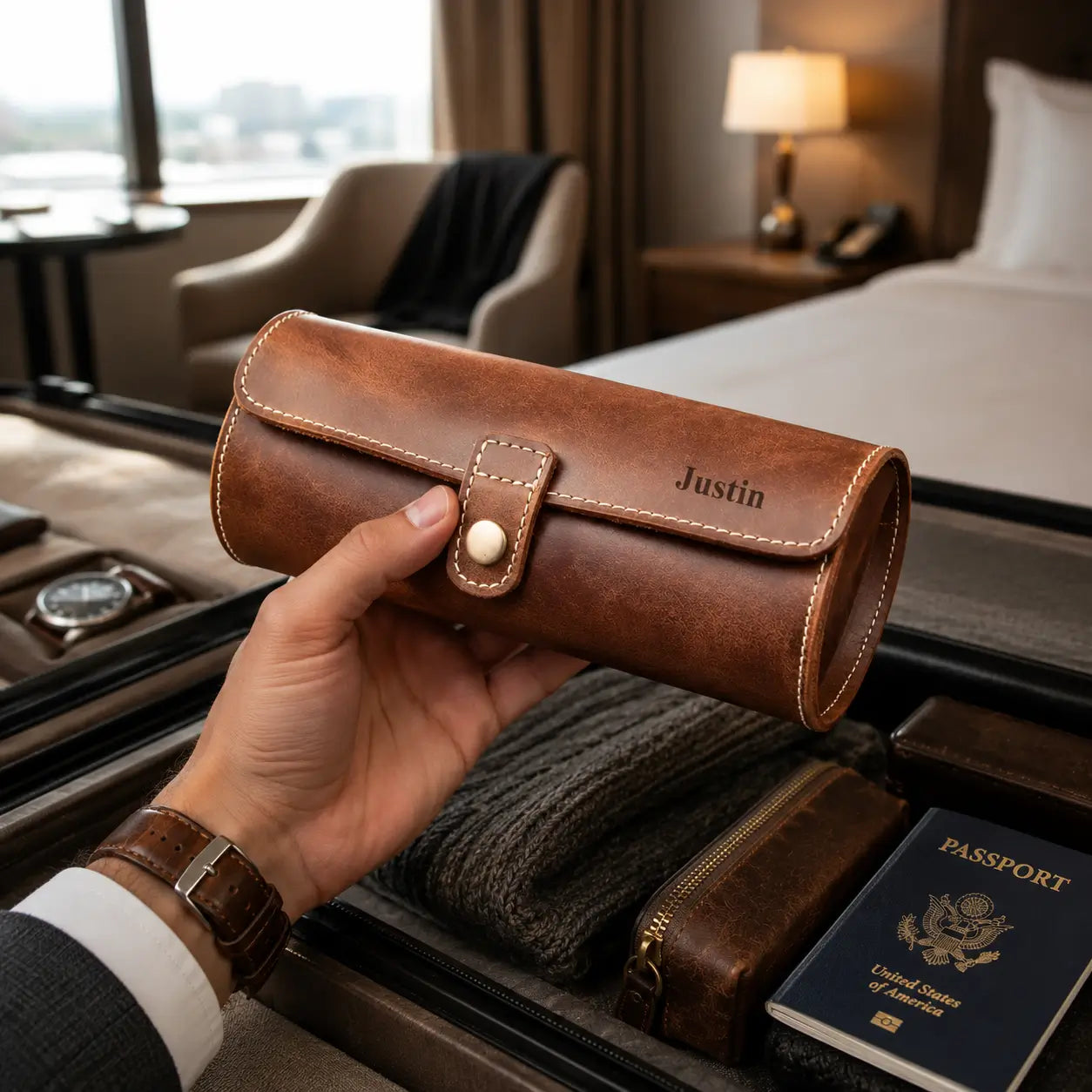 Luxury travel lifestyle image of a personalized tan-brown leather watch roll case held above an open suitcase inside a modern hotel room. Soft ambient lighting emphasizes the smooth leather finish, handcrafted stitching and premium travel aesthetic.