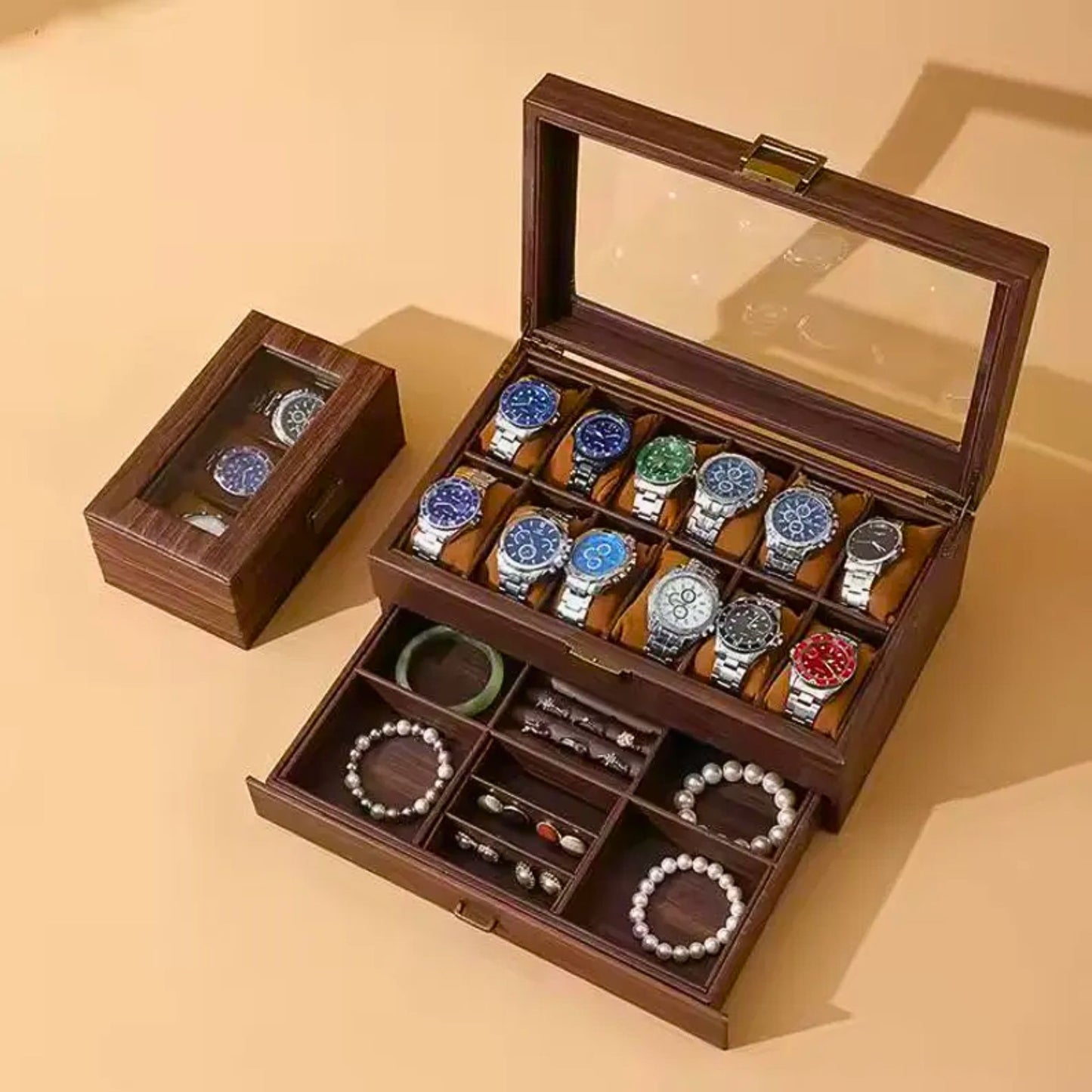 Wooden watch organizing case with jewelry and bracelets, one box to keep all things.