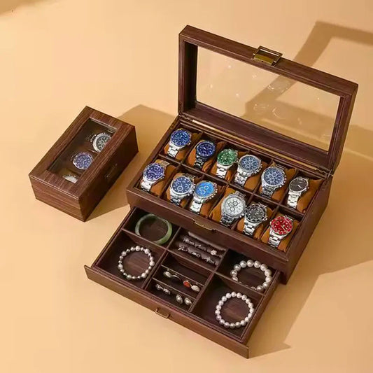Wooden watch organizing case with jewelry and bracelets, one box to keep all things.
