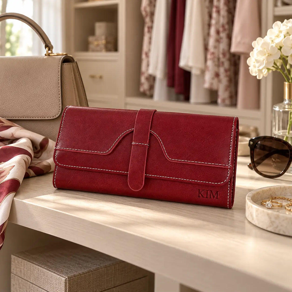 Personalised red women’s wallet engraved with KIM displayed beside beige handbag, sunglasses and scarf