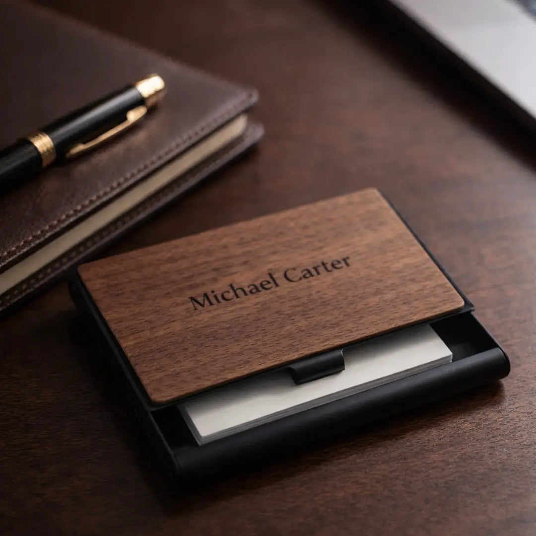 Personalized wooden business card holder engraved with “Michael Carter” placed on a dark wooden desk beside a leather notebook and luxury pen in a warm professional workspace setting.