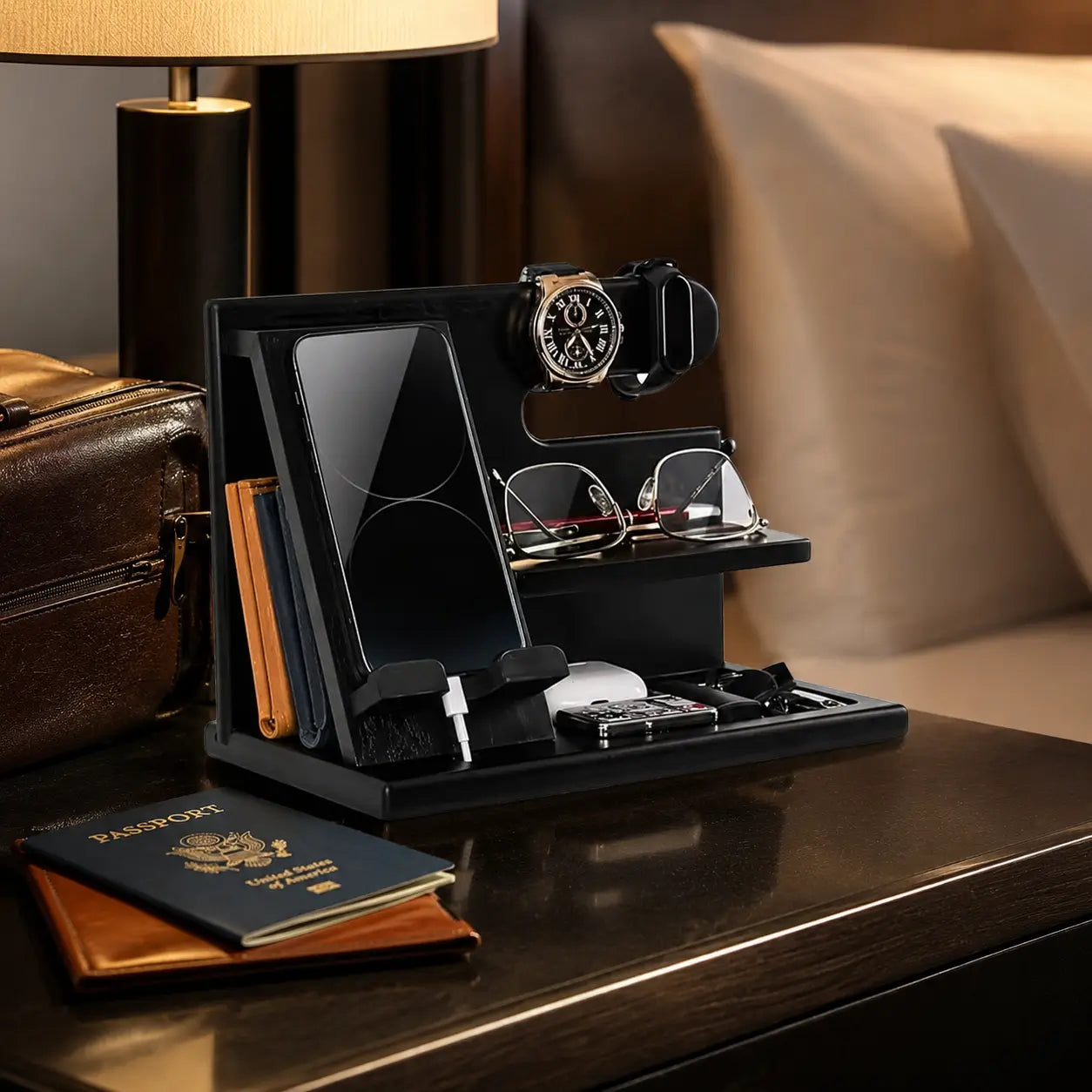 Black wooden docking station organizer styled on a luxury hotel bedside table with smartphone charging, wristwatch, glasses, passport and leather travel bag under warm ambient lighting.
