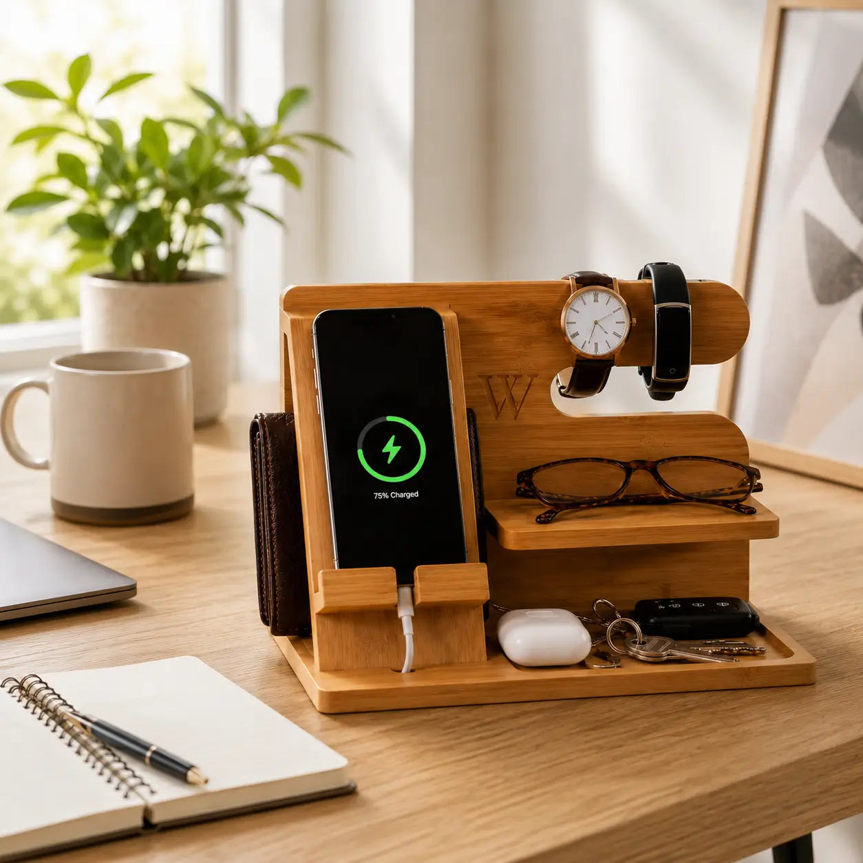 Minimal Scandinavian workspace featuring a bamboo wooden desk organizer holding a charging smartphone, watch, glasses, wallet, earbuds and keys on a clean oak desk beside notebook, coffee mug and indoor plant in soft morning sunlight.