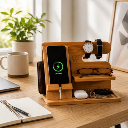 Minimal Scandinavian workspace featuring a bamboo wooden desk organizer holding a charging smartphone, watch, glasses, wallet, earbuds and keys on a clean oak desk beside notebook, coffee mug and indoor plant in soft morning sunlight.