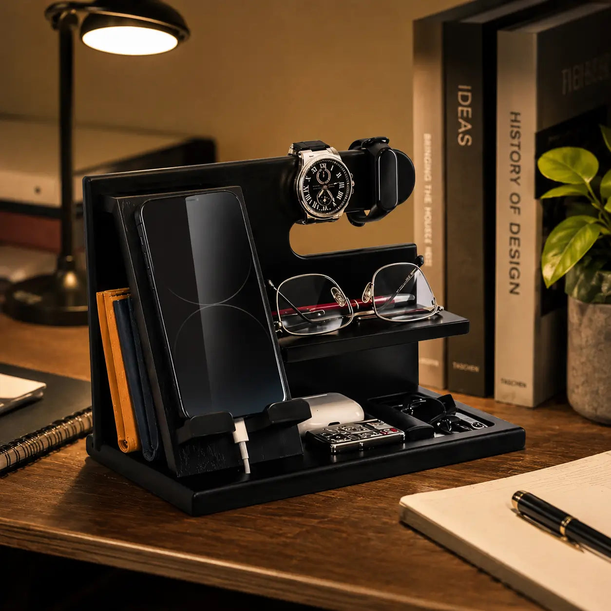 Modern black wooden desk organizer displayed on a cozy study desk beside books, notebook and desk lamp with smartphone, watch and glasses neatly arranged.