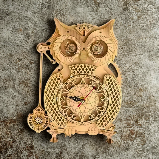 Wooden owl clock puzzle with intricate design on a textured surface