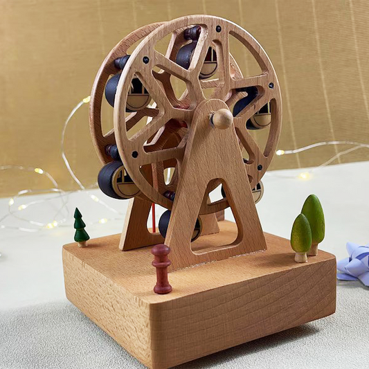 A wooden ferris wheel music box toy with intricate details, designed as a charming decorative and collectible piece.