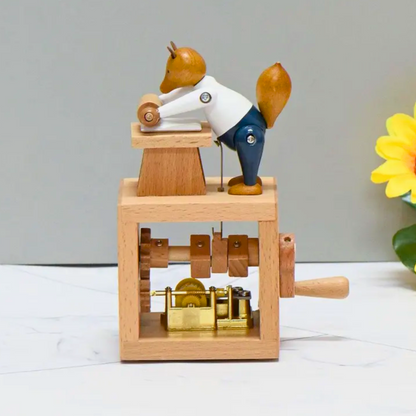 A wooden toy with a fox and rolling pin on a wooden block, plays melodious music, can be a great present.