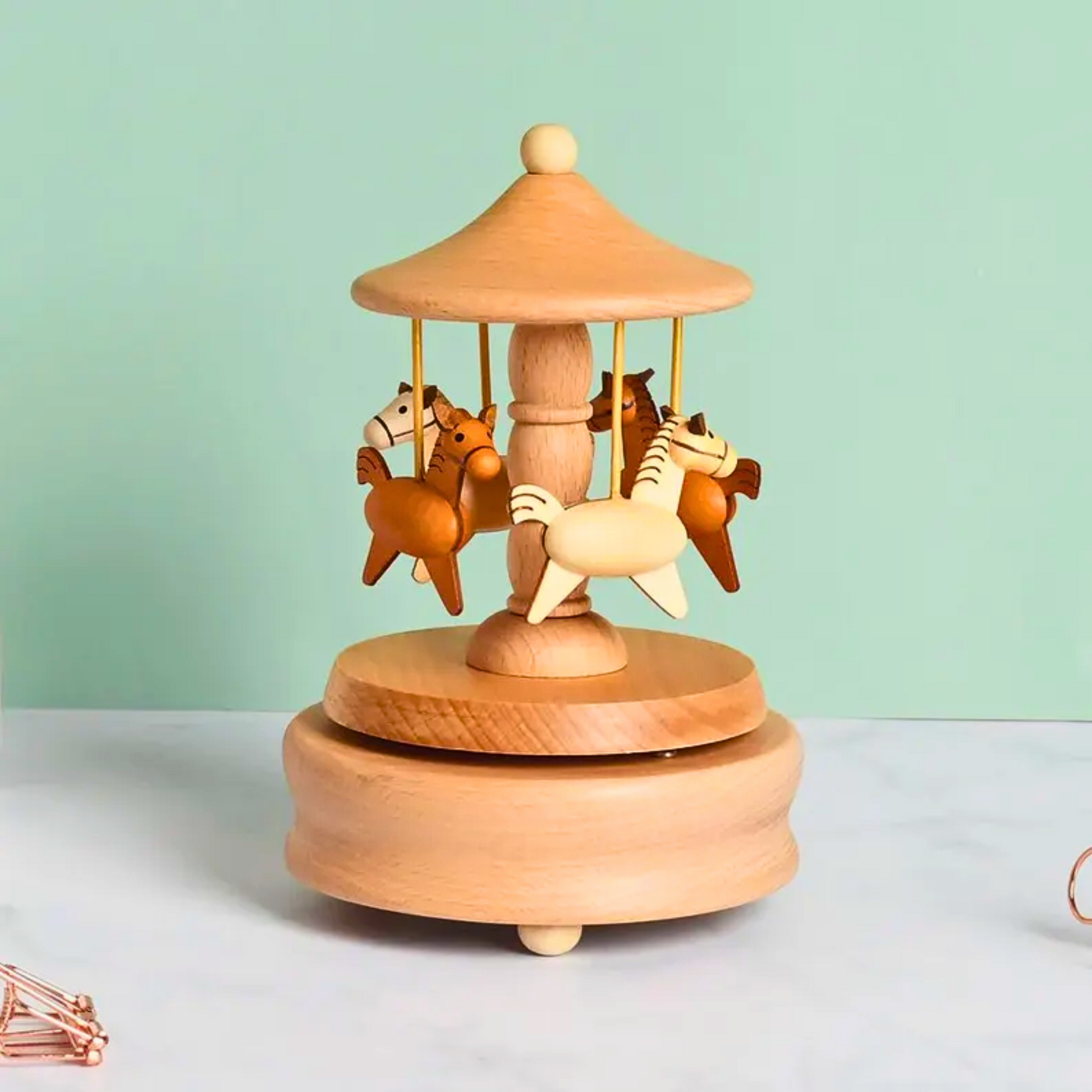Wooden carousel toy with horses, best for baby keepsake gift or for nursery decor.