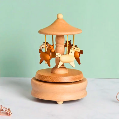 Wooden carousel toy with horses, best for baby keepsake gift or for nursery decor.