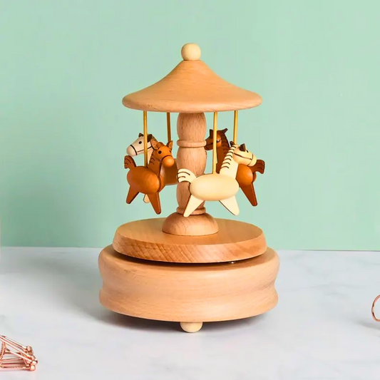 Wooden carousel toy with horses, best for baby keepsake gift or for nursery decor.