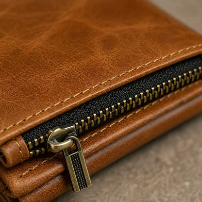 Premium light brown leather wallet detail featuring a smooth-gliding metal zipper and durable peripheral stitching on a compact trifold design.